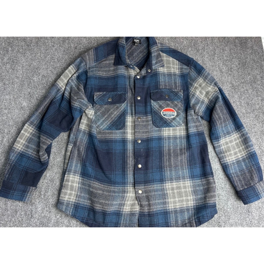 Home Free Mens XL Blue Grey Plaid Flannel Snap Front Mississippi Patch Shirt